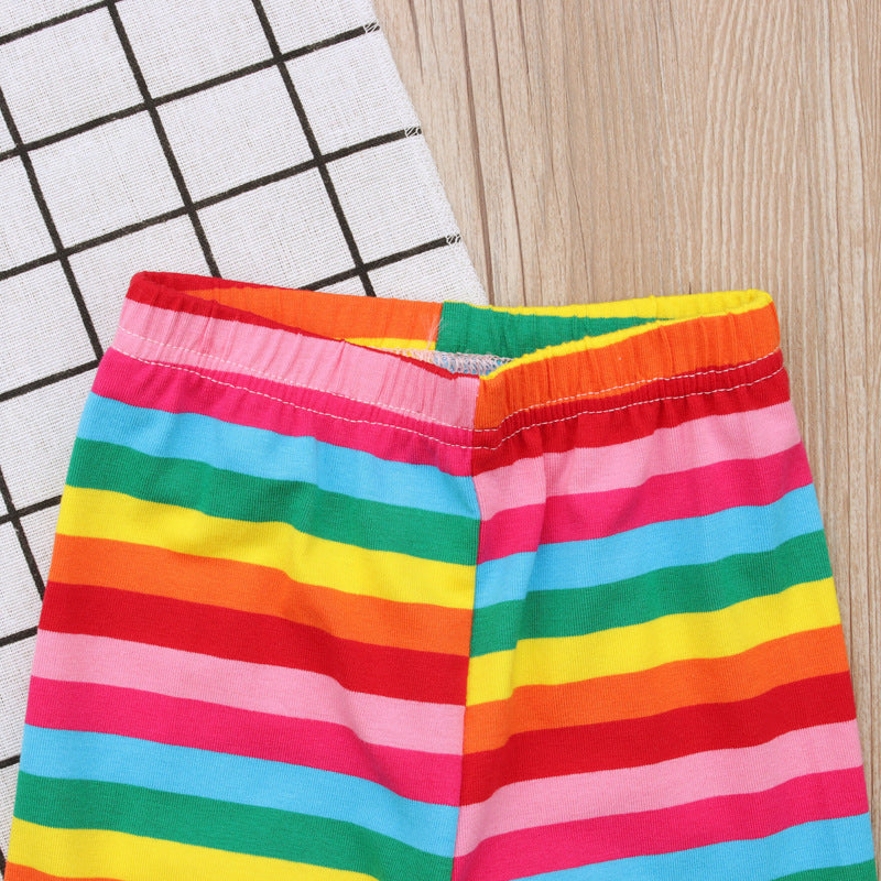 Kid Baby Girls Short Sleeve Letter Stripe Summer Rainbow 2 Pcs Sets