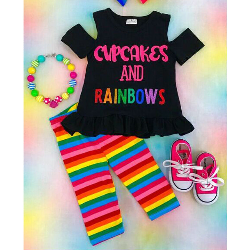 Kid Baby Girls Short Sleeve Letter Stripe Summer Rainbow 2 Pcs Sets