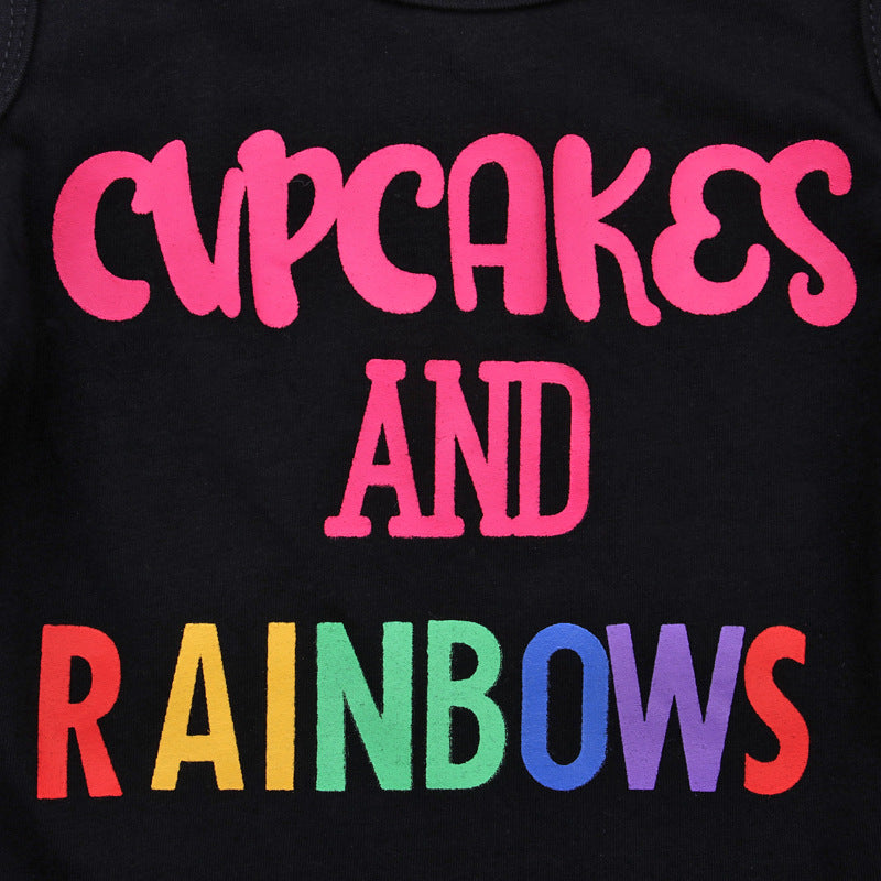Kid Baby Girls Short Sleeve Letter Stripe Summer Rainbow 2 Pcs Sets
