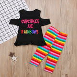 Kid Baby Girls Short Sleeve Letter Stripe Summer Rainbow 2 Pcs Sets