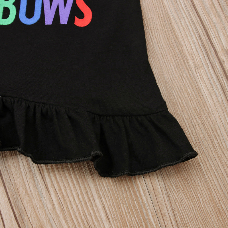 Kid Baby Girls Short Sleeve Letter Stripe Summer Rainbow 2 Pcs Sets