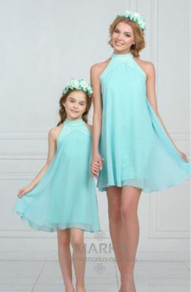 Family Matching Mother Daughter Summer Chiffon Lace Sleeveless Dress