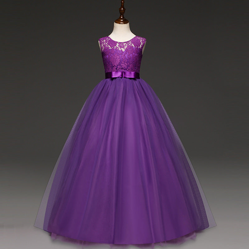 Kid Girl Princess Bow Lace Wedding Party Elegant Teenagers Bridesmaid Dresses