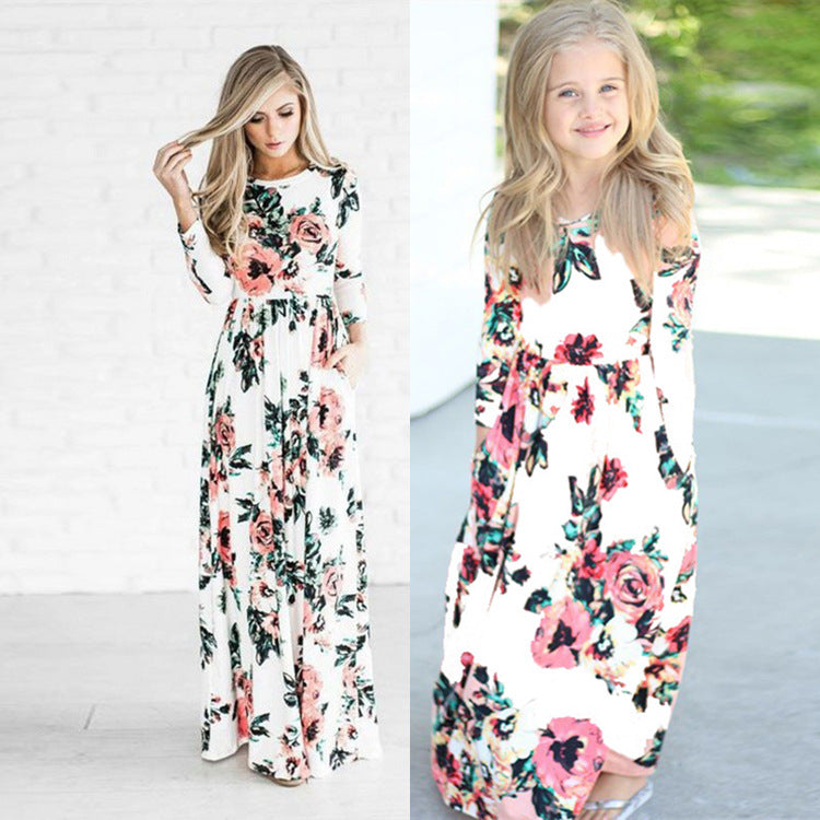 Family Matching Mother-daughter Printed Full Length Dress