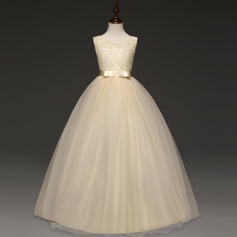 Kid Girl Princess Bow Lace Wedding Party Elegant Teenagers Bridesmaid Dresses