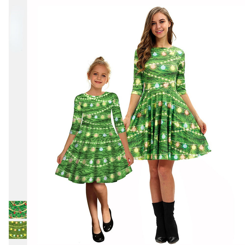 Family Matching Mother Daughter Princess Green Grass Digital Print Middle Sleeve Dresses