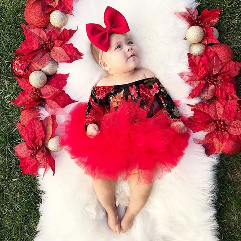 Newborn Baby Girl Flower Print Off Shoulder Valentine Sets 3 Pcs