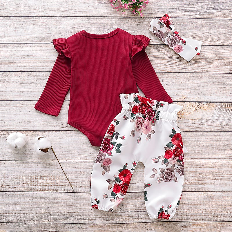 Baby Girl Knitting Ruffle Floral Valentine 3 Pcs Sets
