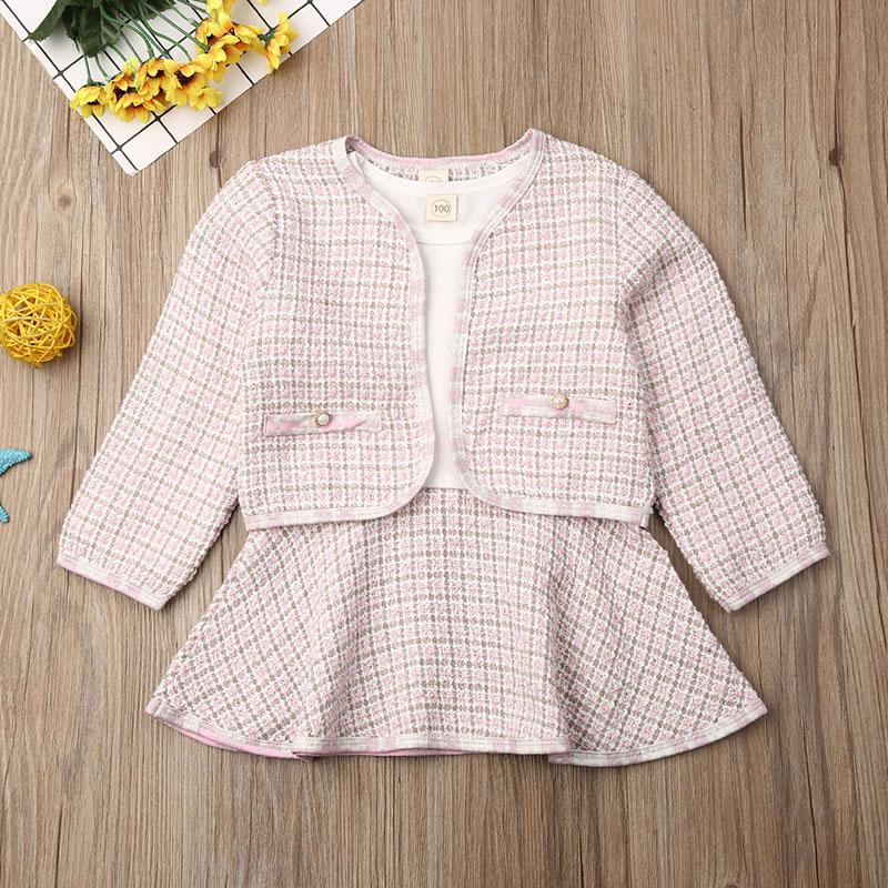 Toddler Baby Girl Long Sleeve Plaid Stitching Dress Set 2 Pcs