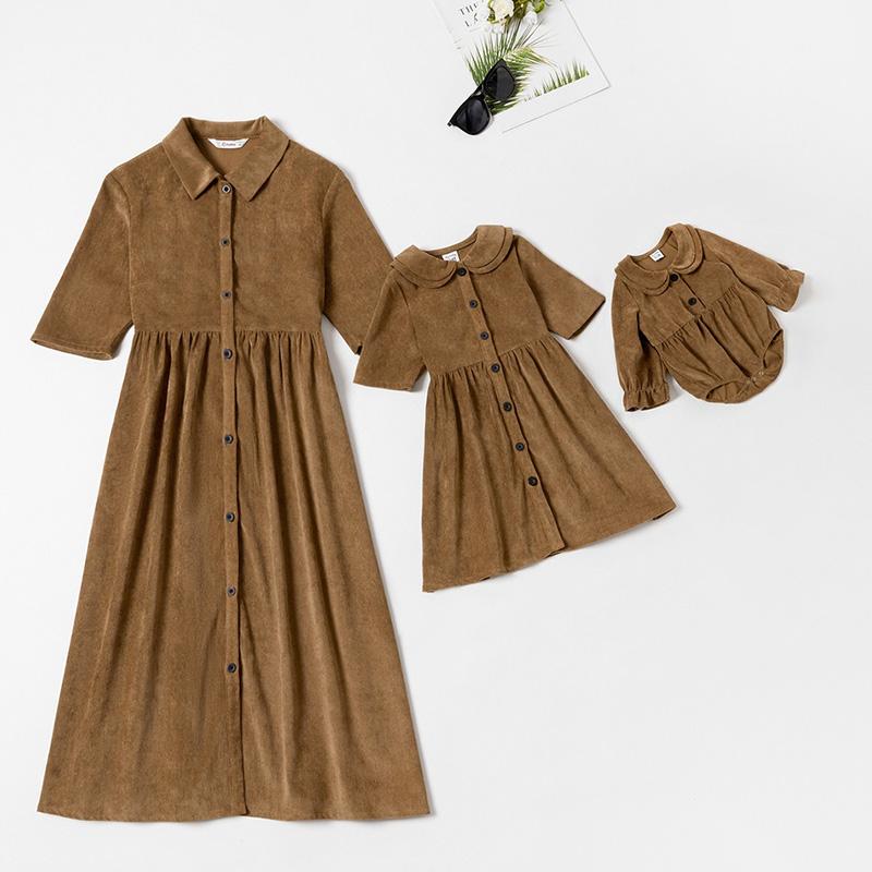 Family Matching Mommy And Me Outfits Front-Button Collar Midi-Sleeve Solid Dresses