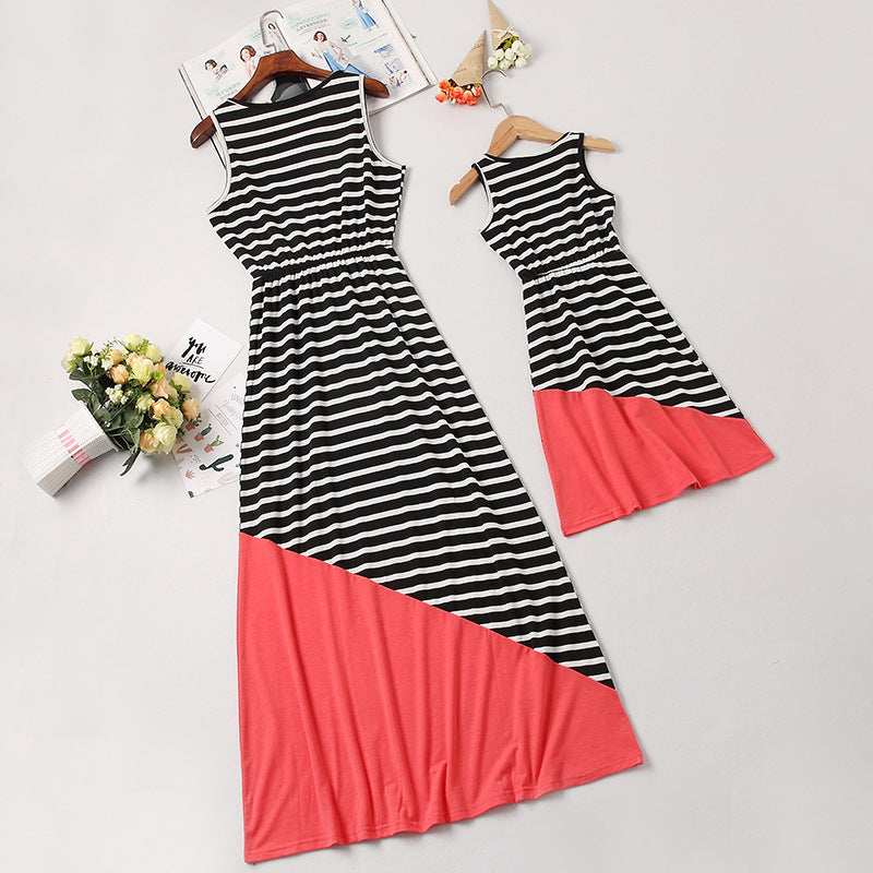 Family Matching Mother-daughter Spring/summer Stripe Stitching Dresses