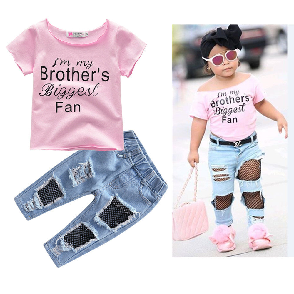 Kid Baby Girls Summer Cotton Ripped Jeans 2 Pcs Set
