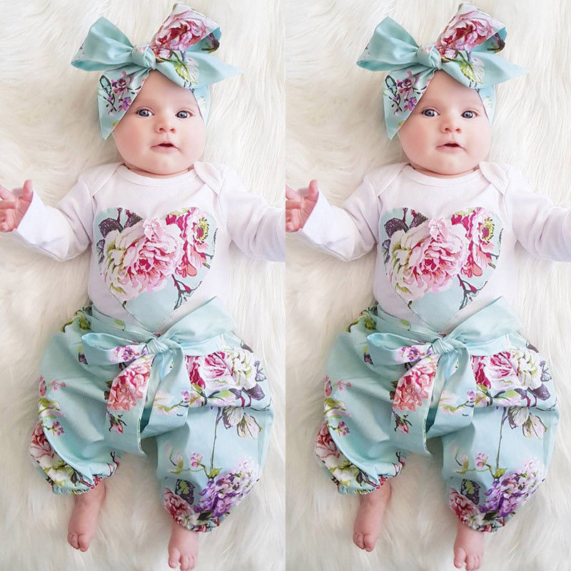 Baby Girl Love Embroidery Large Flower Long-sleeved 3 Pcs Set