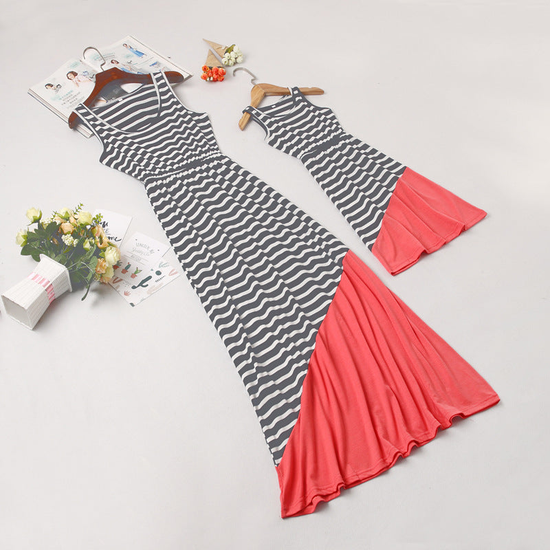 Family Matching Mother-daughter Spring/summer Stripe Stitching Dresses