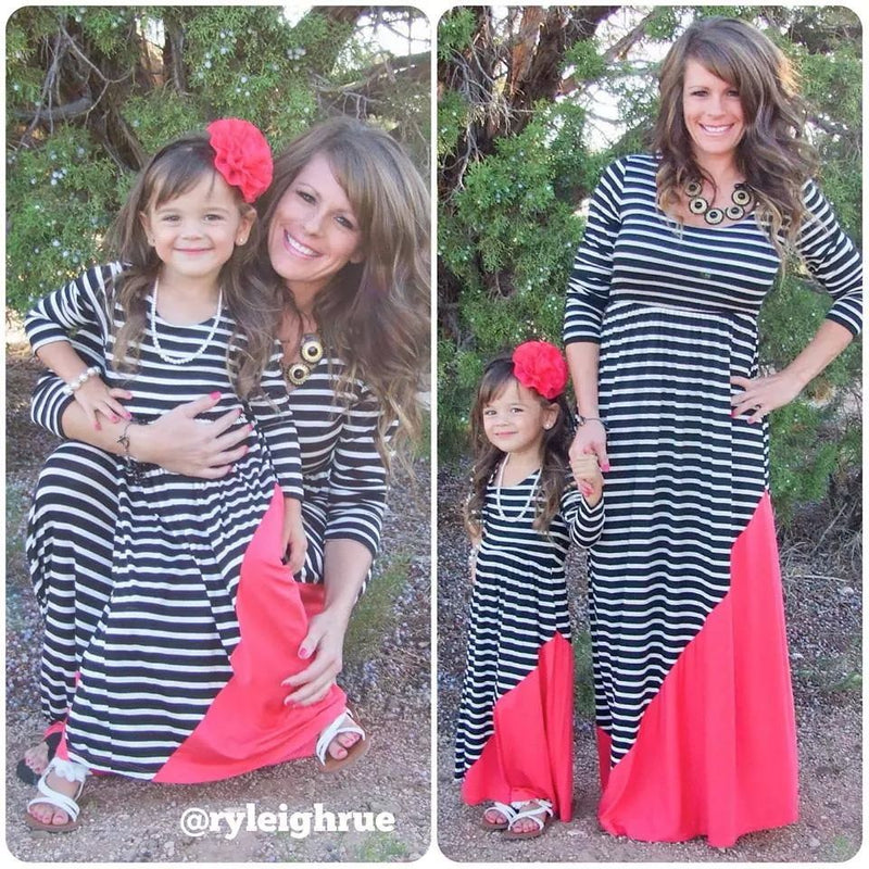 Family Matching Parent-child Mother-daughter Striped Long-sleeve Patchwork Dress