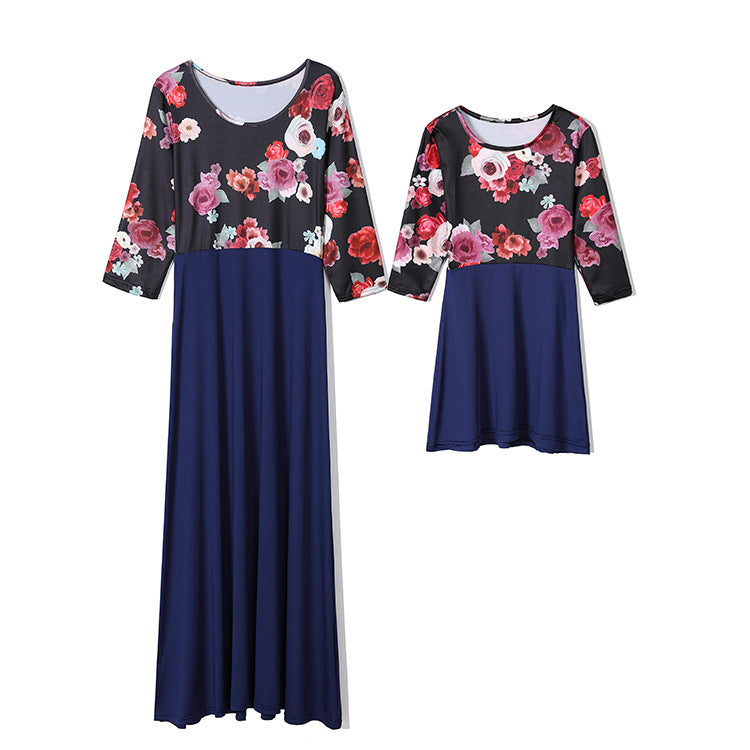 Family Matching Parent-child Mother-daughter Printed Three-quarter Sleeves Dress