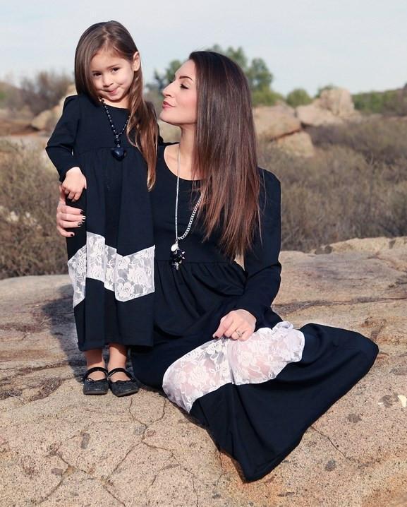 Family Matching Mother Child Long Sleeve Patchwork Dresses