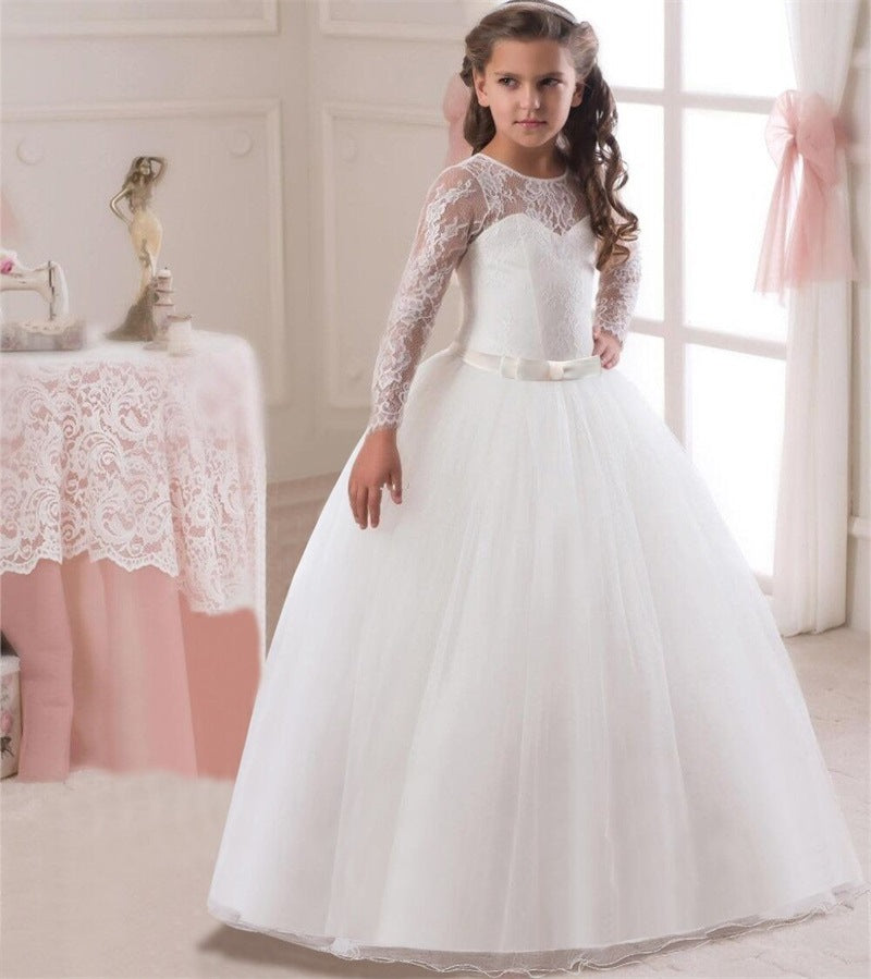 Kid Girls Long Sleeve Lace Princess Flower Pompous Dress
