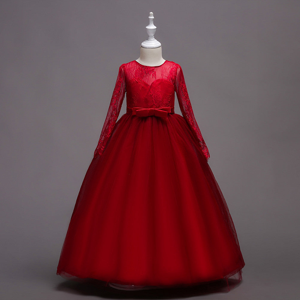 Kid Girls Long Sleeve Lace Princess Flower Pompous Dress