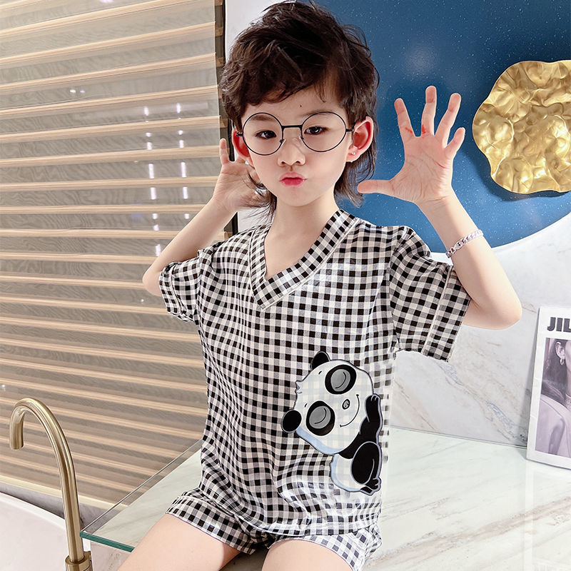 Kid Boys Home Ice Silk Pajamas Summer Thin Short Sleeve Suit Set