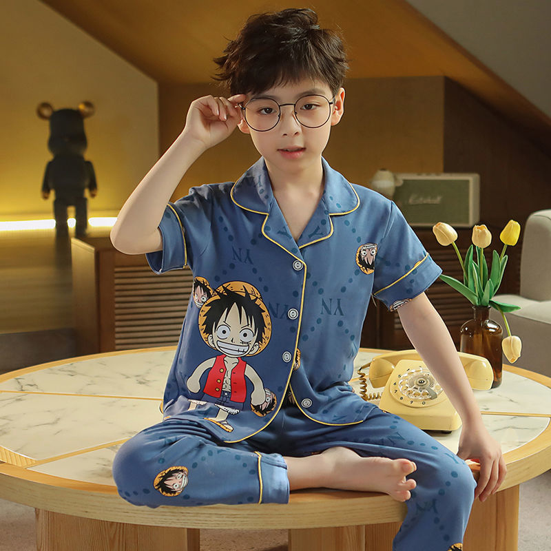 Kid Boys Home Suit Summer Cotton Thin Wicking Short Sleeve Pajamas