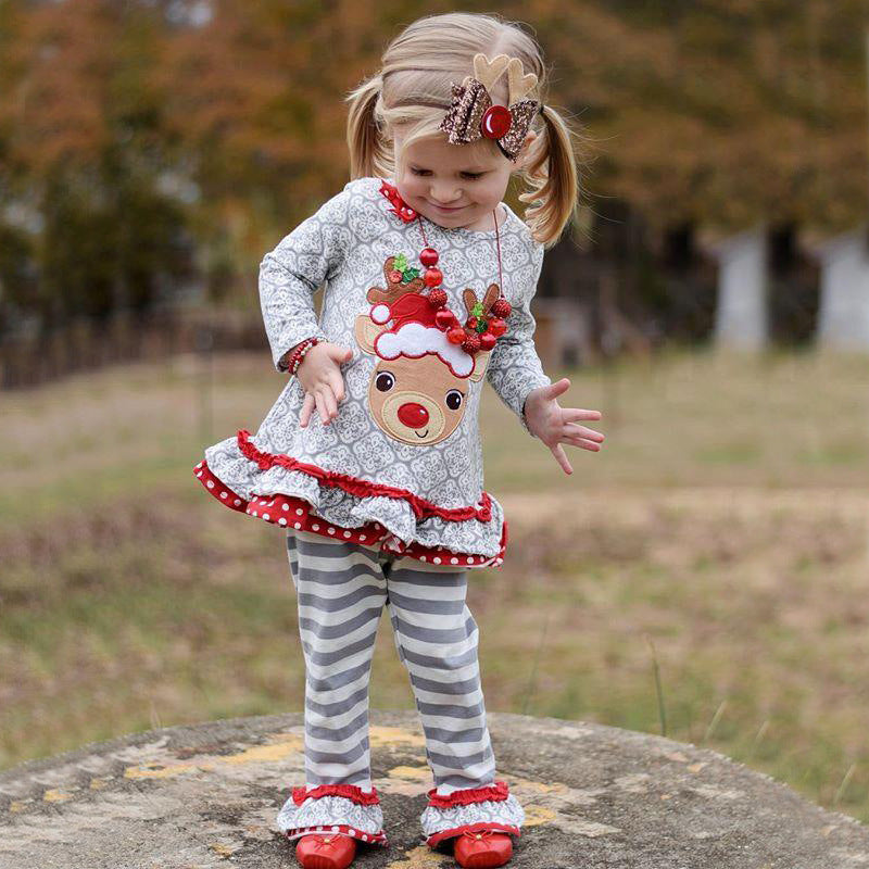 Kid Baby Girl Christmas Long Sleeve Elk Striped Suits 2 Pcs Set