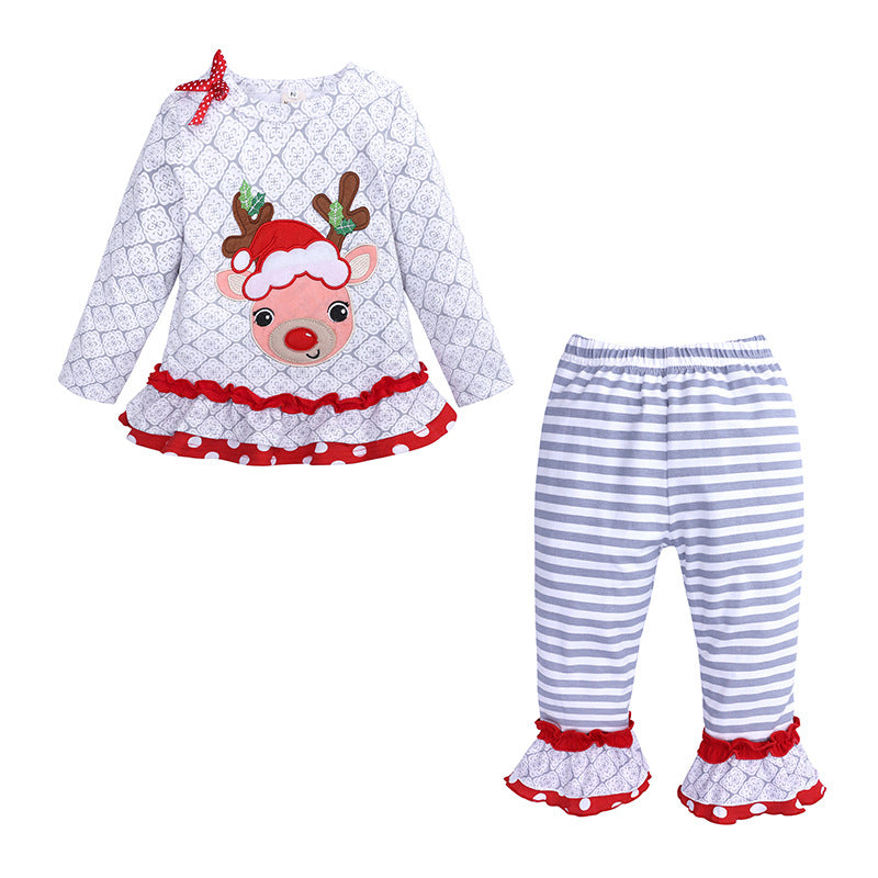 Kid Baby Girl Christmas Long Sleeve Elk Striped Suits 2 Pcs Set