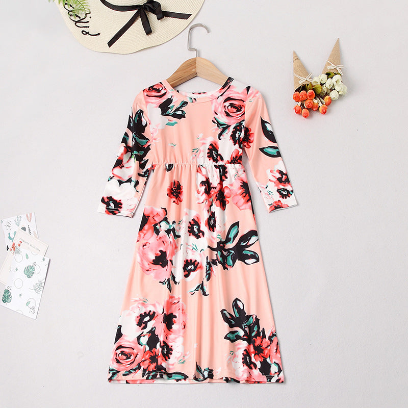 Family Matching Mother-daughter Printed Full Length Dress