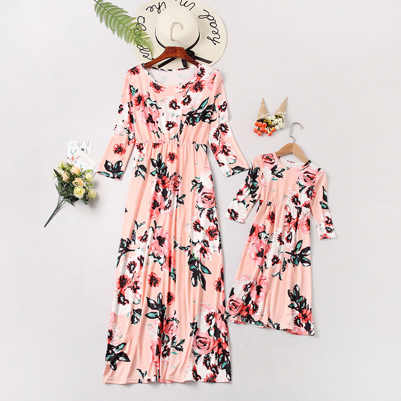 Family Matching Mother-daughter Printed Full Length Dress