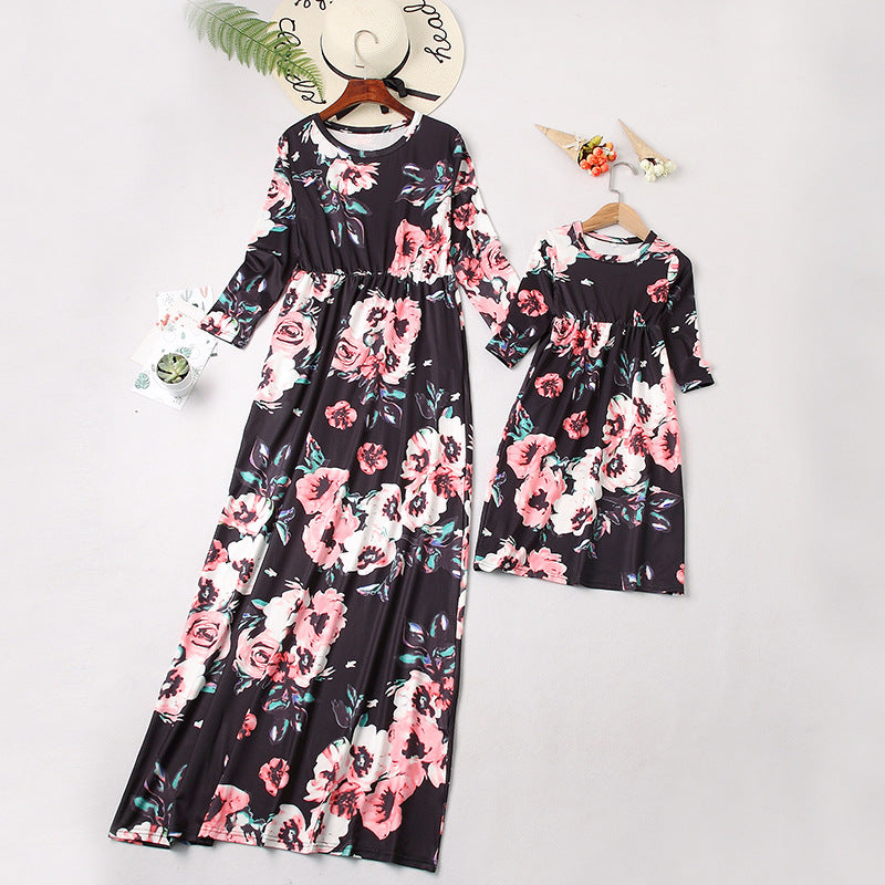 Family Matching Mother-daughter Printed Full Length Dress