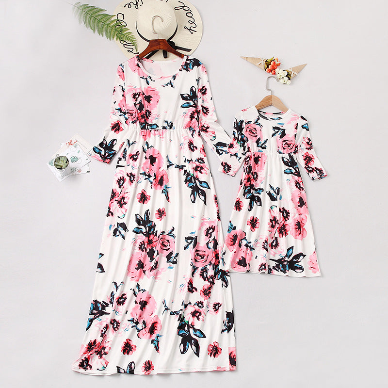 Family Matching Mother-daughter Printed Full Length Dress