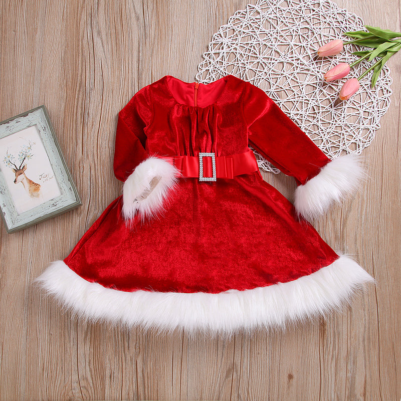 Girl Christmas Fur Edge Red Dress With Belt
