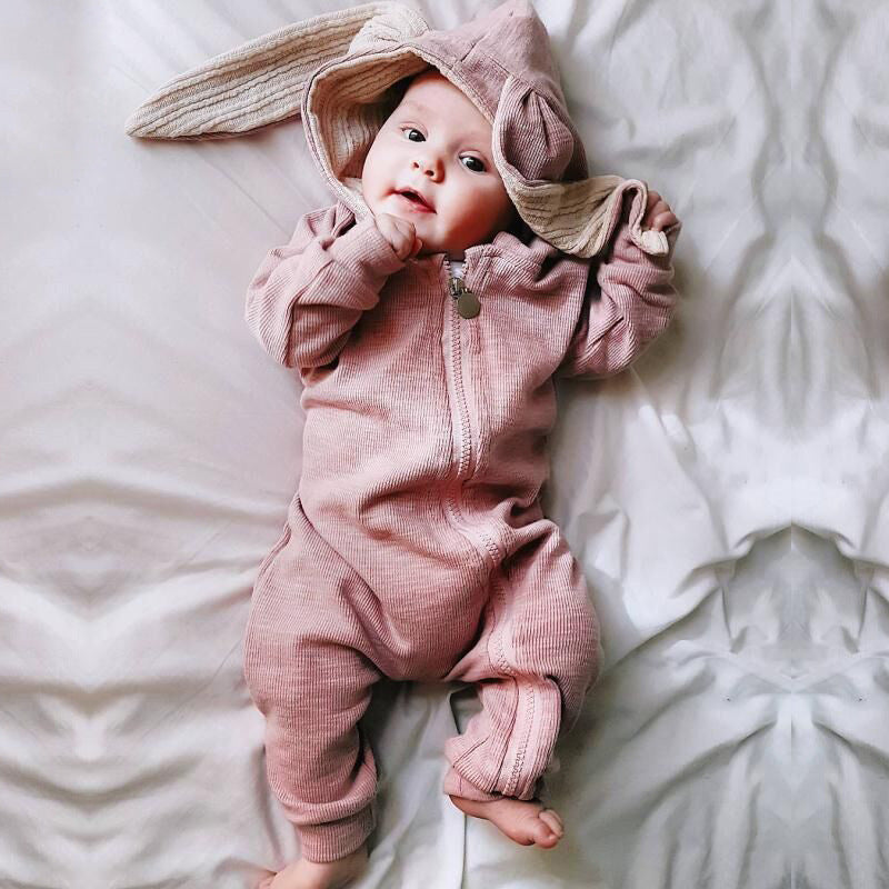 Baby Crawl Suit Harcoat Big Eared Rabbit Hooded Zipper Rompers