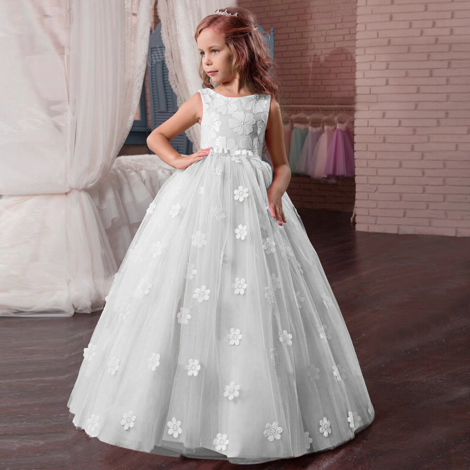 Kid Girls Pompous Lace Performance Princess Wedding Dresses