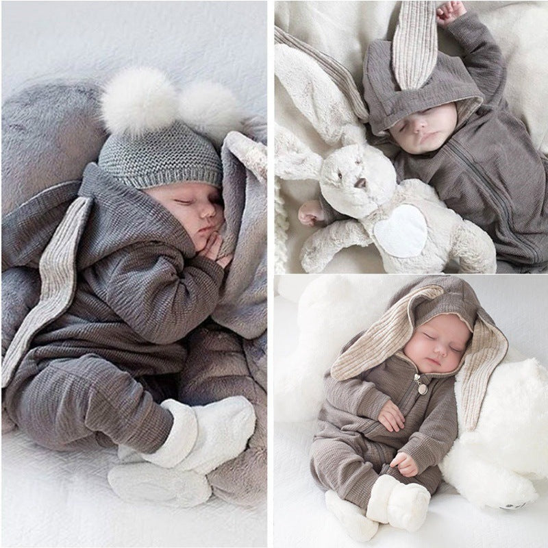 Baby Crawl Suit Harcoat Big Eared Rabbit Hooded Zipper Rompers