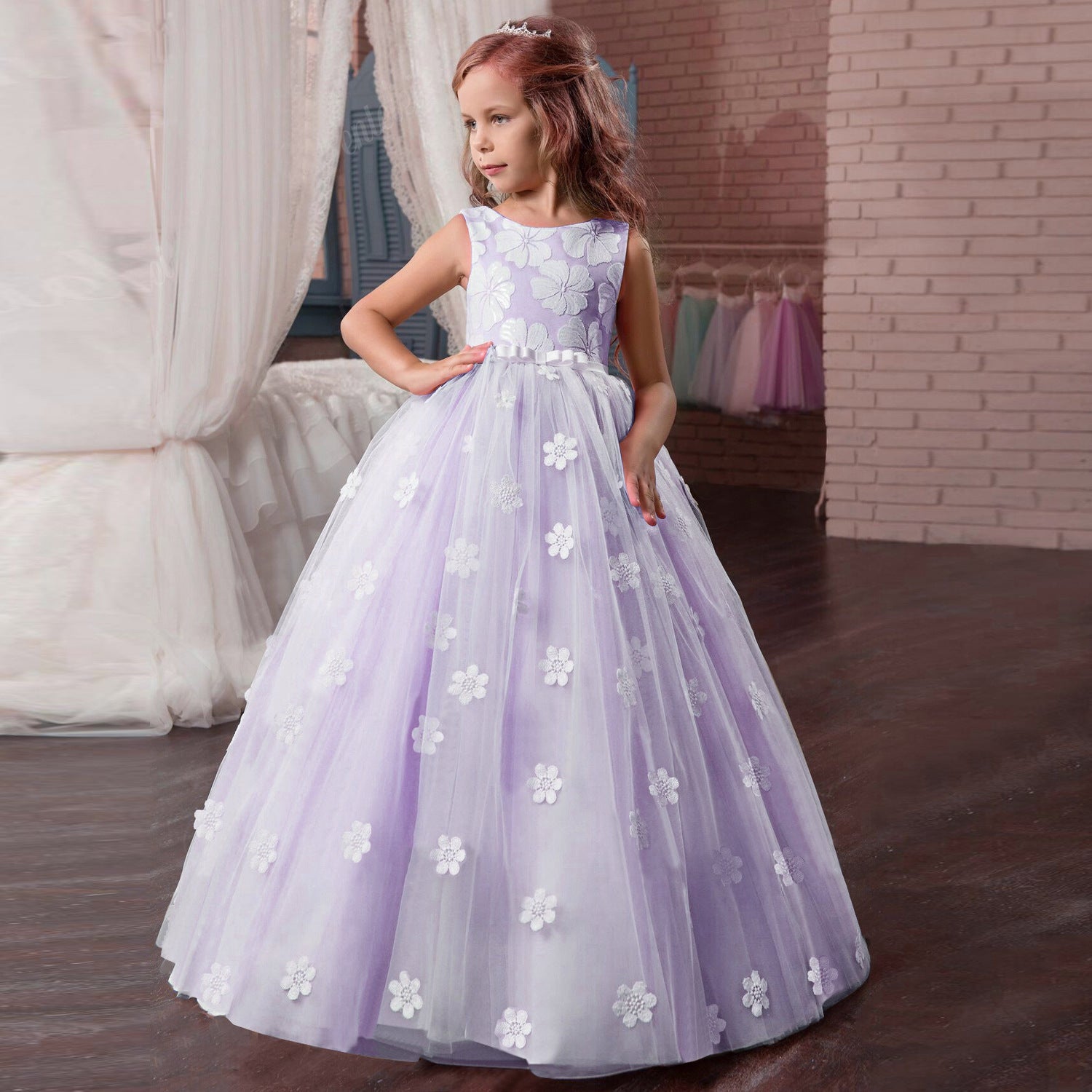 Kid Girls Pompous Lace Performance Princess Wedding Dresses