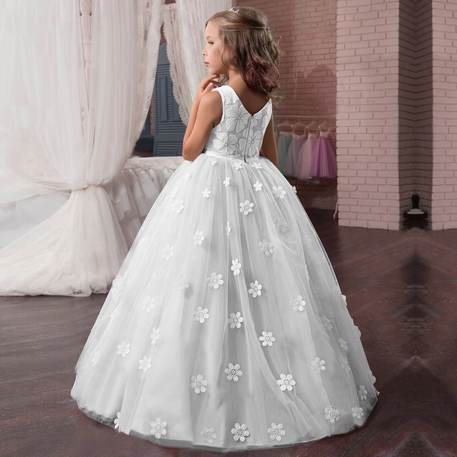 Kid Girls Pompous Lace Performance Princess Wedding Dresses