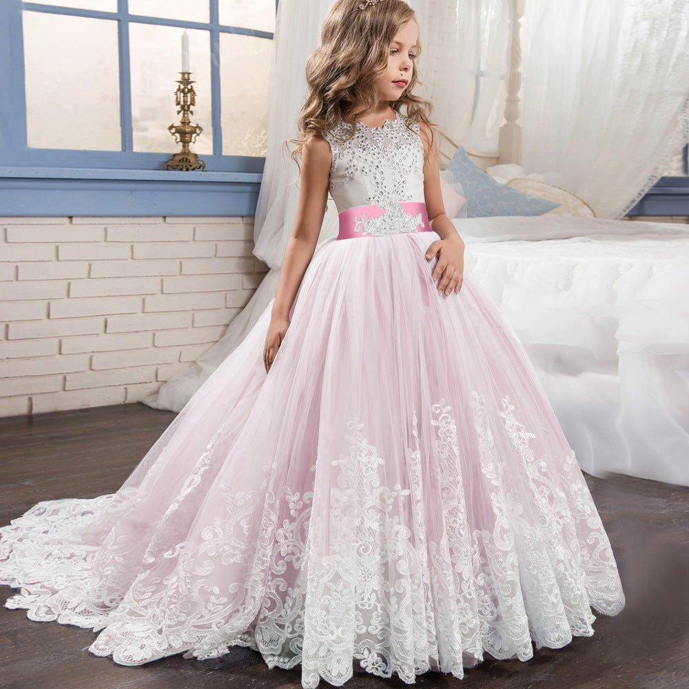 Kid Girl Princess Bow-tie Wedding Dress Lace Flower Dresses