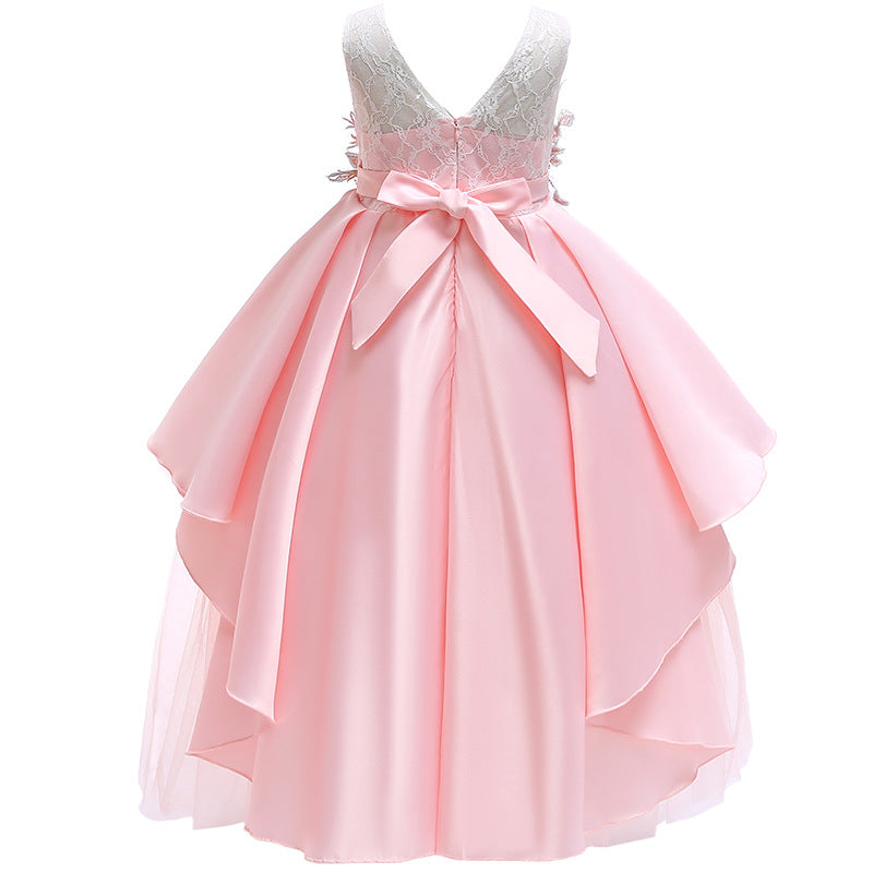 Kid Girls Pompadour Christmas Evening Princess Long Dresses