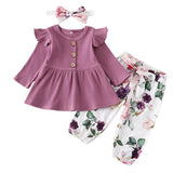 Baby Girl Solid Knitting Ruffle Long Sleeve Floral 3 Pcs Set