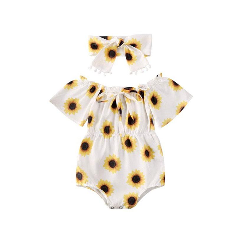 Baby Girl Off Shoulder Sunflower  Short Sleeve Romper 2 Pcs Set