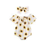 Baby Girl Off Shoulder Sunflower  Short Sleeve Romper 2 Pcs Set