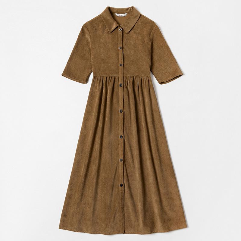 Family Matching Mommy And Me Outfits Front-Button Collar Midi-Sleeve Solid Dresses
