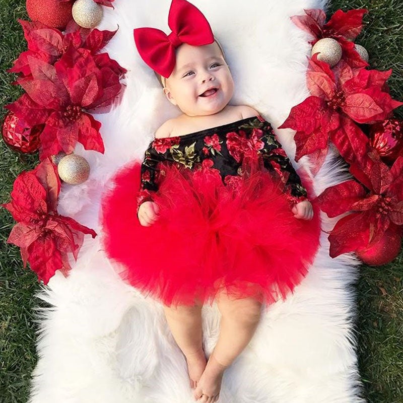 Newborn Baby Girl Flower Print Off Shoulder Valentine Sets 3 Pcs