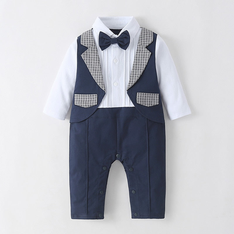 Baby Formal Boys Patchwork Fake Elegant Long Sleeve Romper