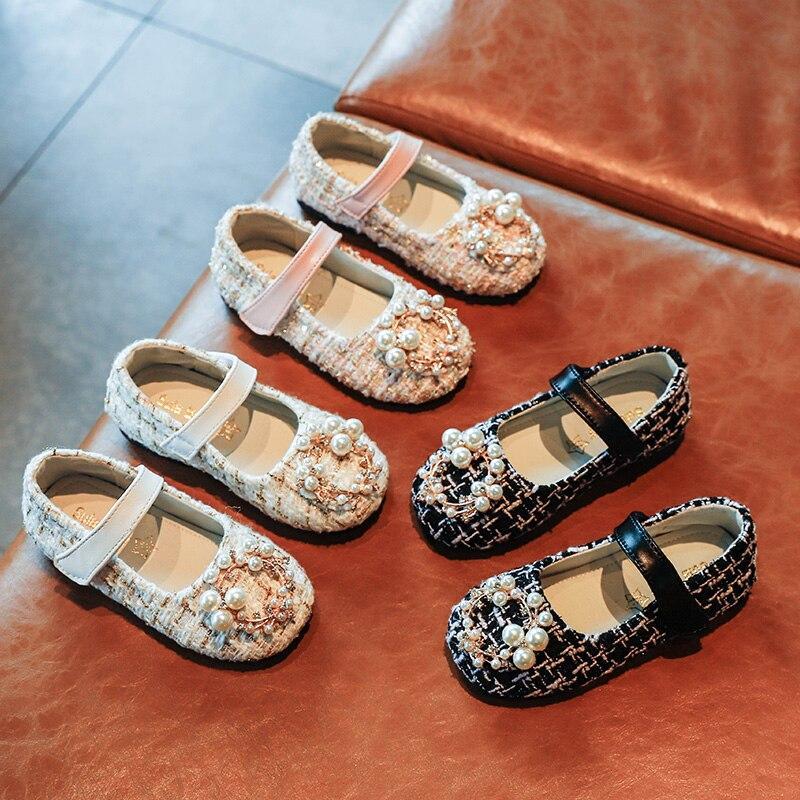 Kid Baby Girls Leather Shoes Fashion Grid Pearl Rhinestone Princess Shoes