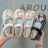 Kid Baby Girls Leather Shoes Fashion Grid Pearl Rhinestone Princess Shoes