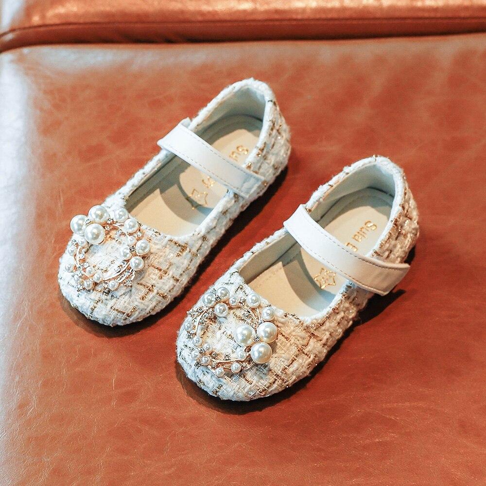 Kid Baby Girls Leather Shoes Fashion Grid Pearl Rhinestone Princess Shoes