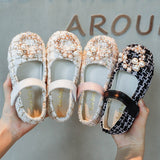 Girls Leather Shoes Fashion Grid Pearl Rhinestone Princess Shoes Flat Sneakers