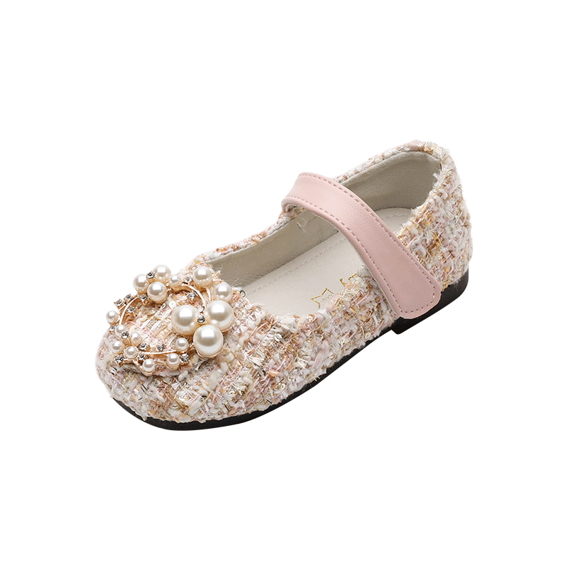 Kid Baby Girls Leather Shoes Fashion Grid Pearl Rhinestone Princess Shoes